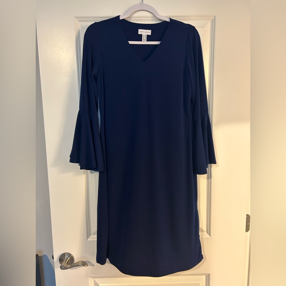 Susan Graver dark blue dress with three quarter length ruffled sleeve